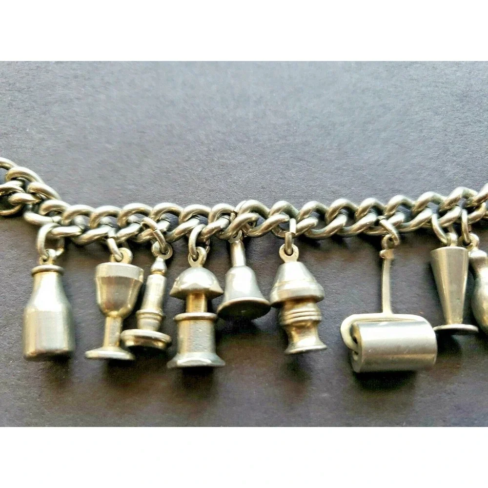 Vintage Enco Industrial Brutalist Charm Bracelet W/ 15 Charms  A1-12
